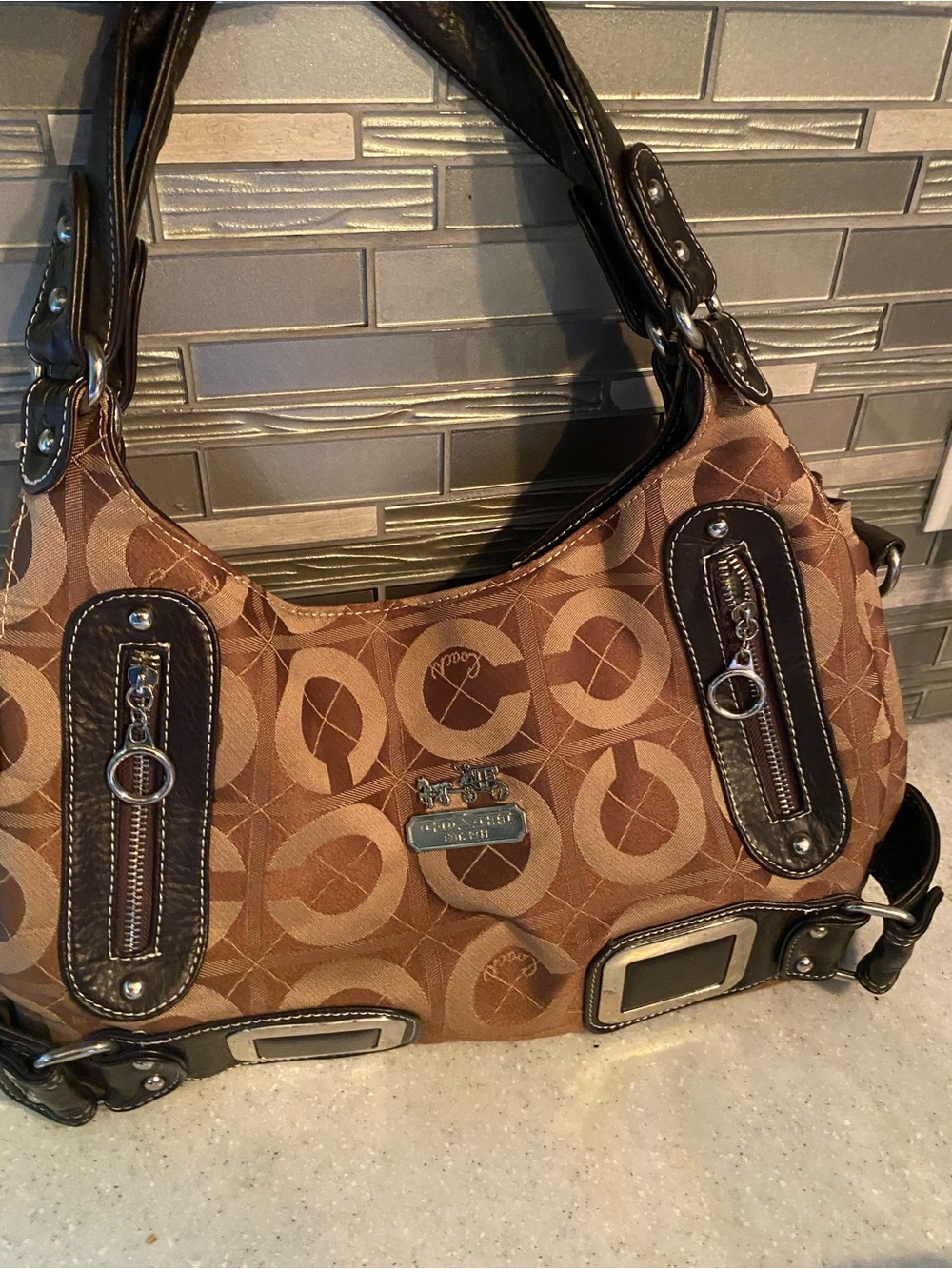 Coach Tan/Brown Signature Canvas Shoulder Bag with Dark Brown Trim